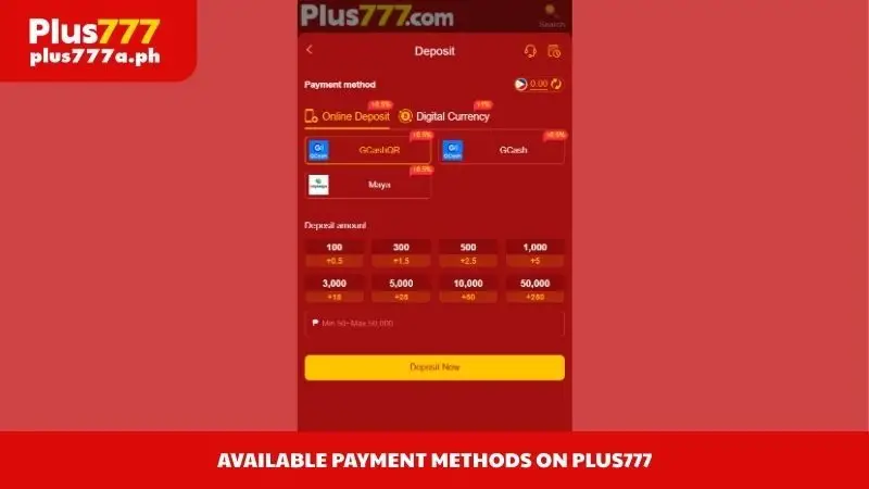 Available payment methods on Plus777